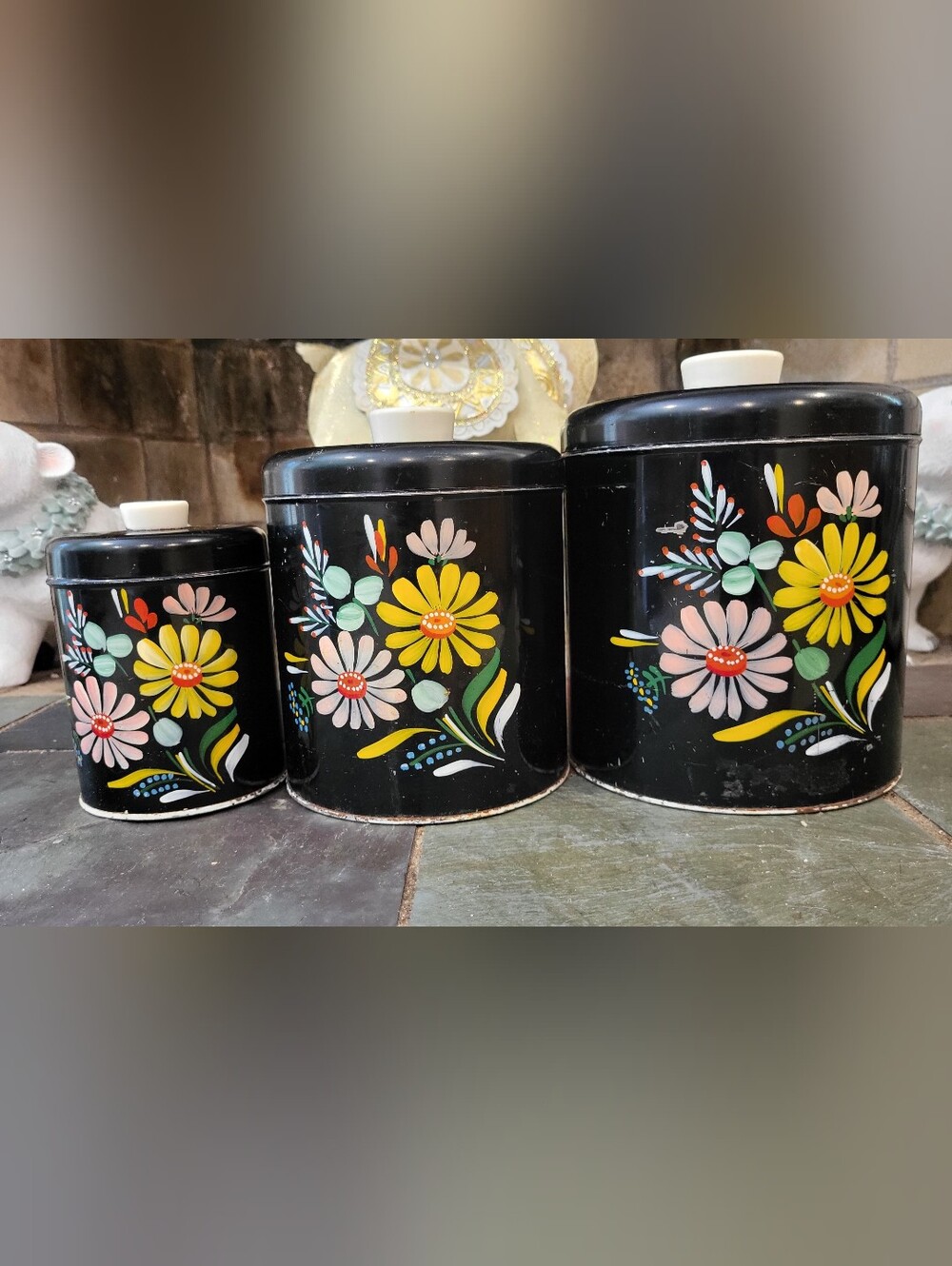 3 Ransburg Vintage 1940's Metal Graduated Nesting Canisters Handpainted Daises